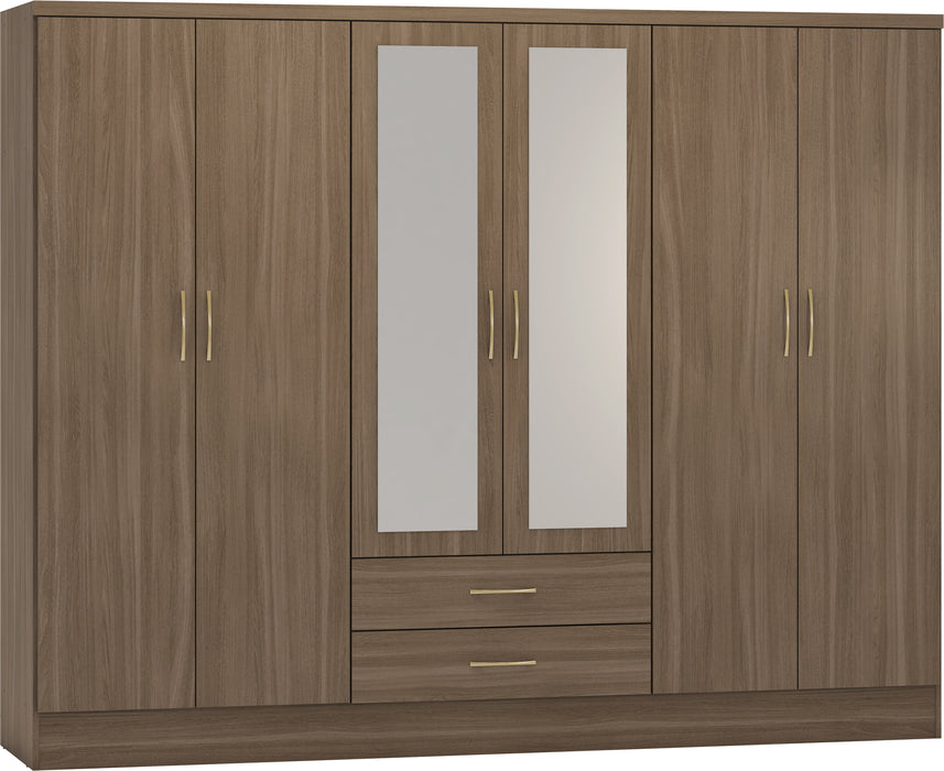 Nevada 6 Door 2 Drawer Mirrored Wardrobe Rustic Oak Effect