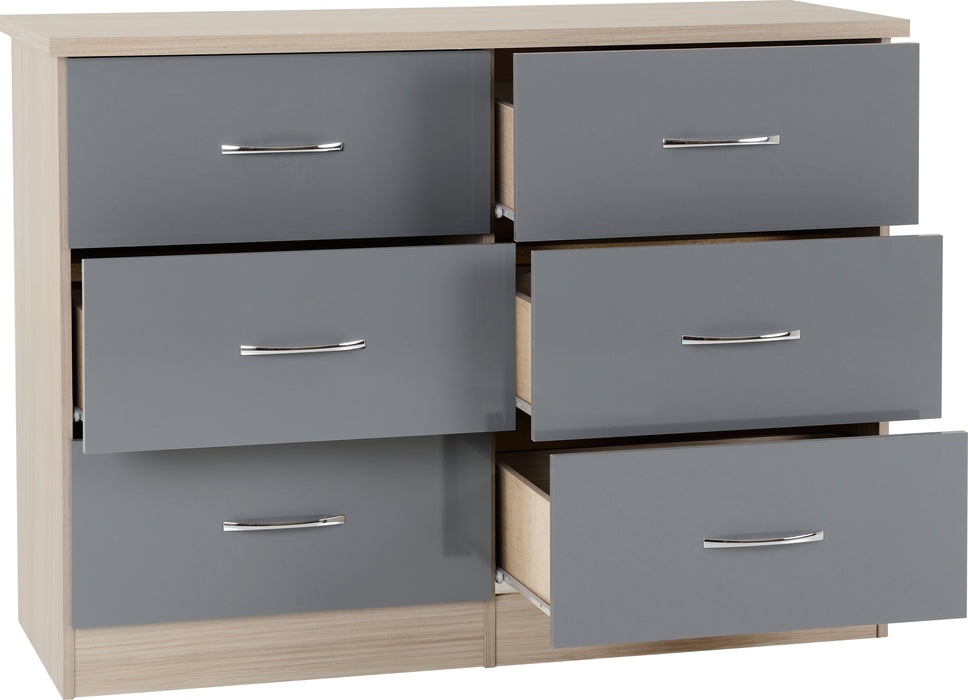 Nevada 6 Drawer Chest Grey Gloss/Light Oak Effect Veneer