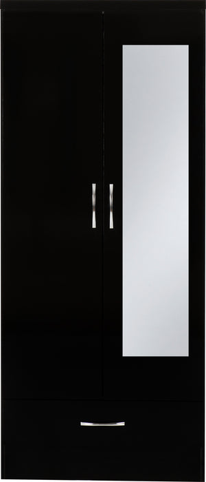 Nevada Mirrored 2 Door 1 Drawer Wardrobe Black Gloss