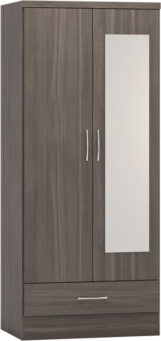 Nevada Mirrored 2 Door 1 Drawer Wardrobe Black Wood Grain