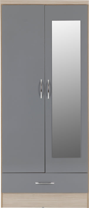 Nevada Mirrored 2 Door 1 Drawer Wardrobe Grey Gloss/Light Oak Effect Veneer