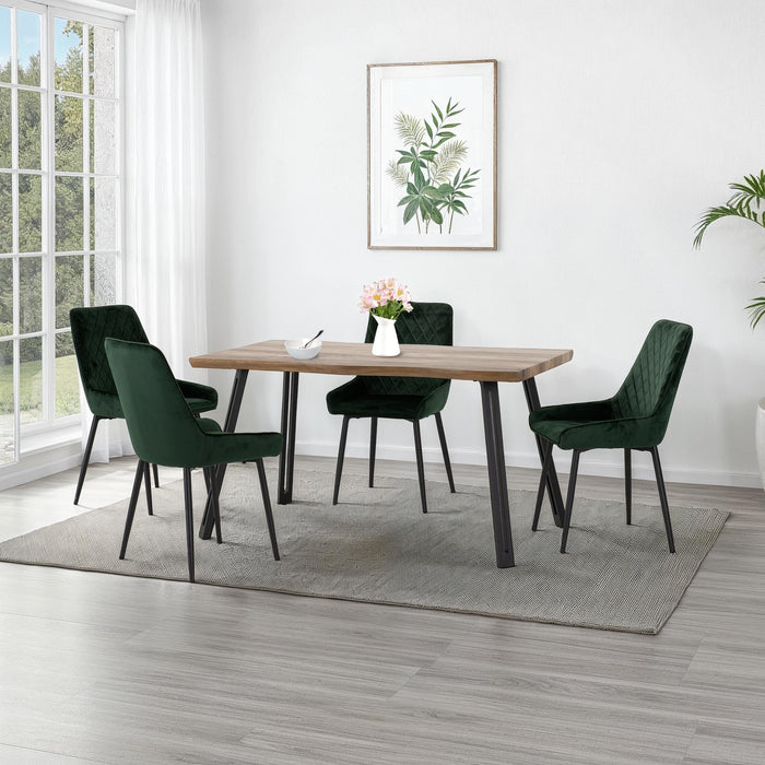 Quebec Wave Edge Dining Set with Avery Chairs Medium Oak Effect/Black/Emerald Green Velvet