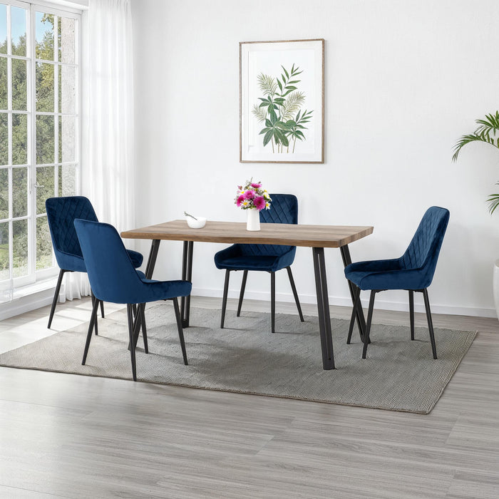 Quebec Wave Edge Dining Set with Avery Chairs Medium Oak Effect/Black/Sapphire Blue Velvet