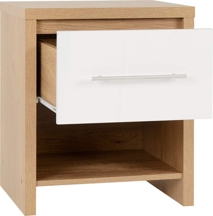 Seville 1 Drawer Bedside Cabinet White High Gloss/Light Oak Effect Veneer