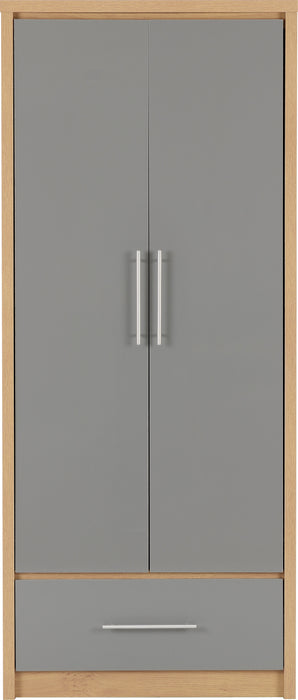 Seville 2 Door 1 Drawer Wardrobe Grey High Gloss/Light Oak Effect Veneer