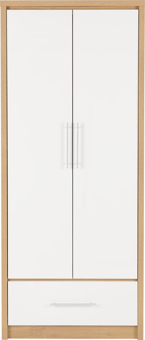 Seville 2 Door 1 Drawer Wardrobe White High Gloss/Light Oak Effect Veneer