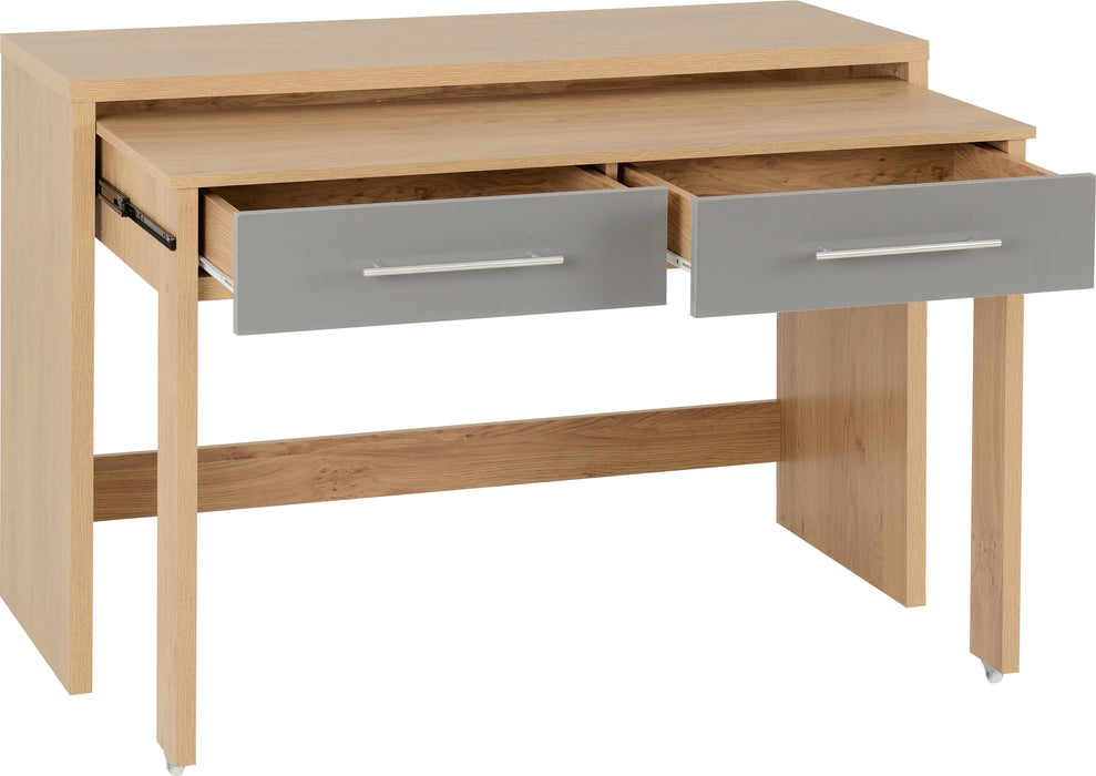 Seville 2 Drawer Slider Desk Grey High Gloss/Light Oak Effect Veneer