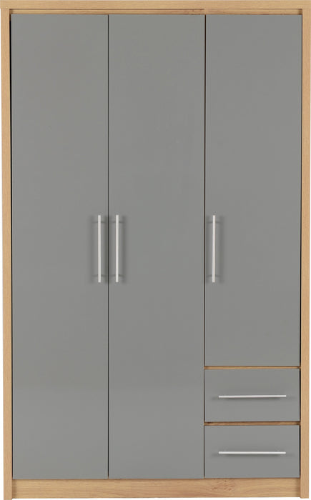Seville 3 Door 2 Drawer Wardrobe Grey High Gloss/Light Oak Effect Veneer