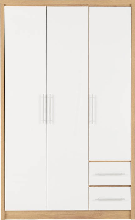 Seville 3 Door 2 Drawer Wardrobe White High Gloss/Light Oak Effect Veneer