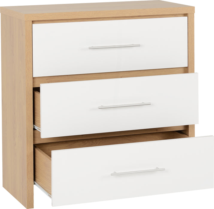 Seville 3 Drawer Chest White High Gloss/Light Oak Effect Veneer