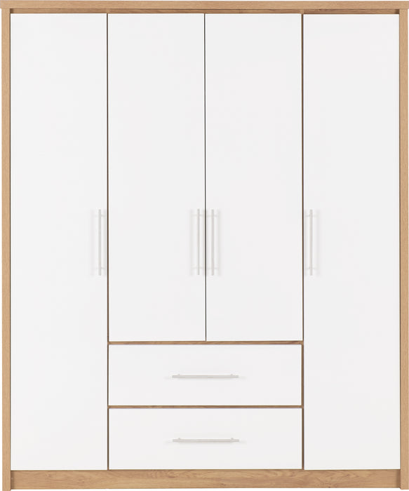 Seville 4 Door 2 Drawer Wardrobe White High Gloss/Light Oak Effect Veneer