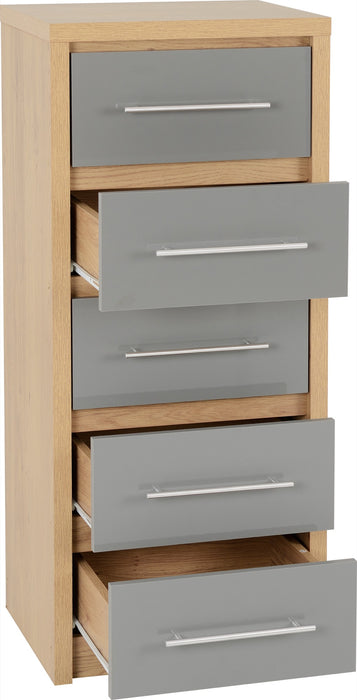 Seville 5 Drawer Narrow Chest Grey High Gloss/Light Oak Effect Veneer
