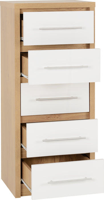 Seville 5 Drawer Narrow Chest White High Gloss/Light Oak Effect Veneer