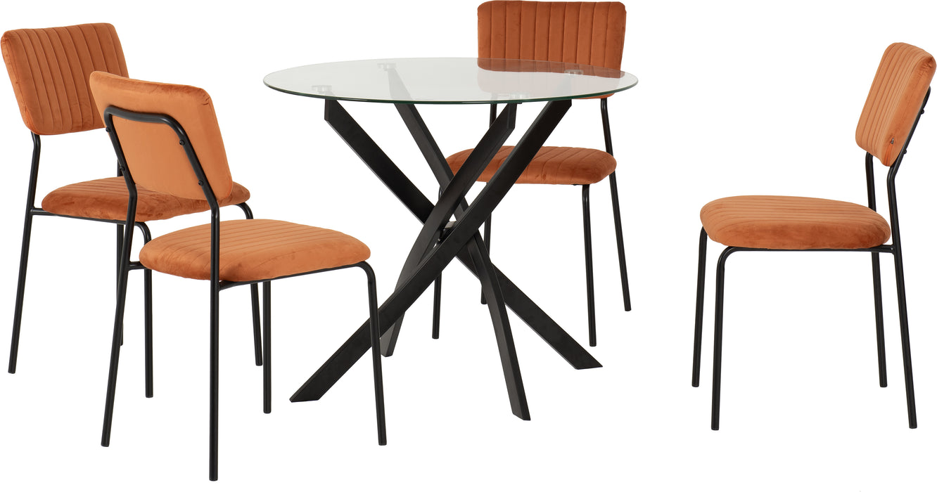 Sheldon Round Glass Top Dining Set Clear Glass/Black/Burnt Orange Velvet Fabric