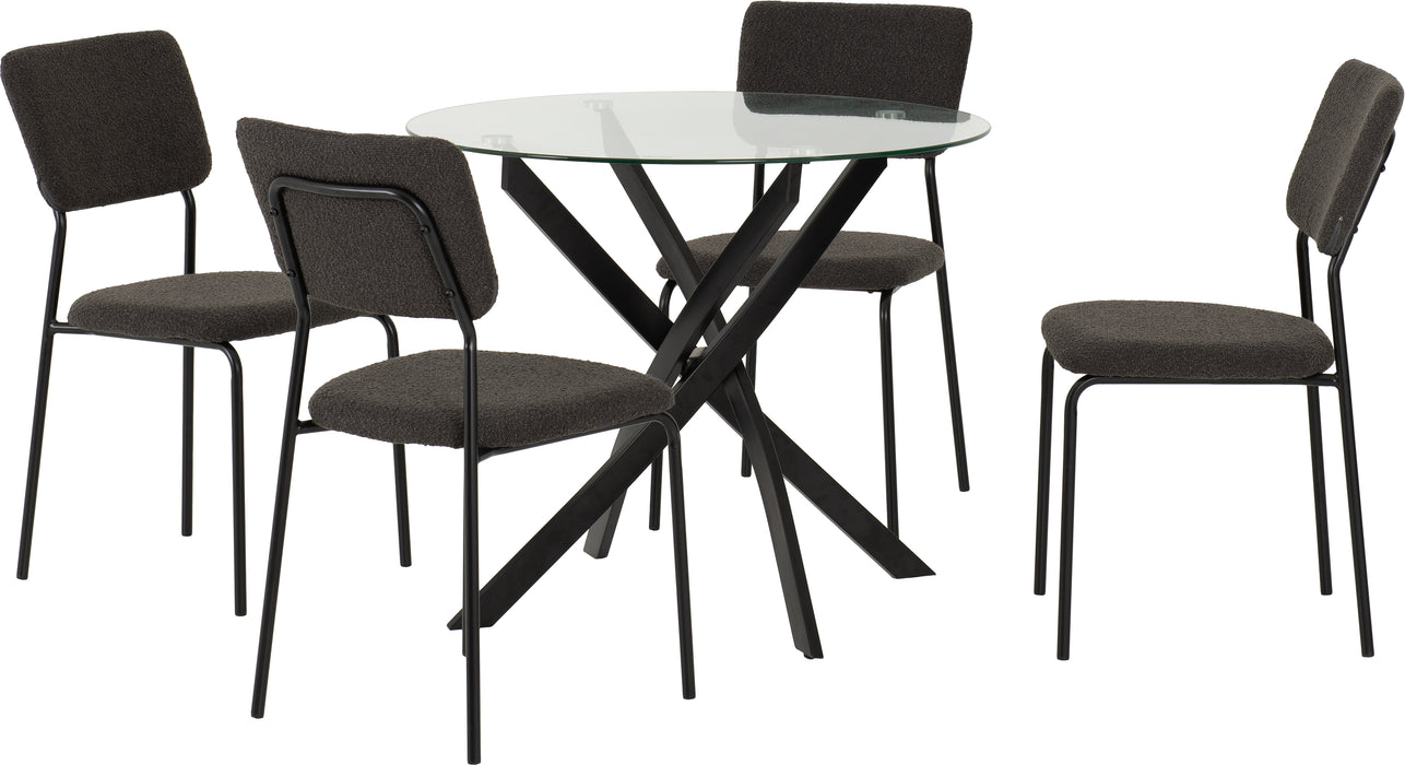 Sheldon Round Glass Top Dining Set Clear Glass/Black/Grey Boucle Fabric