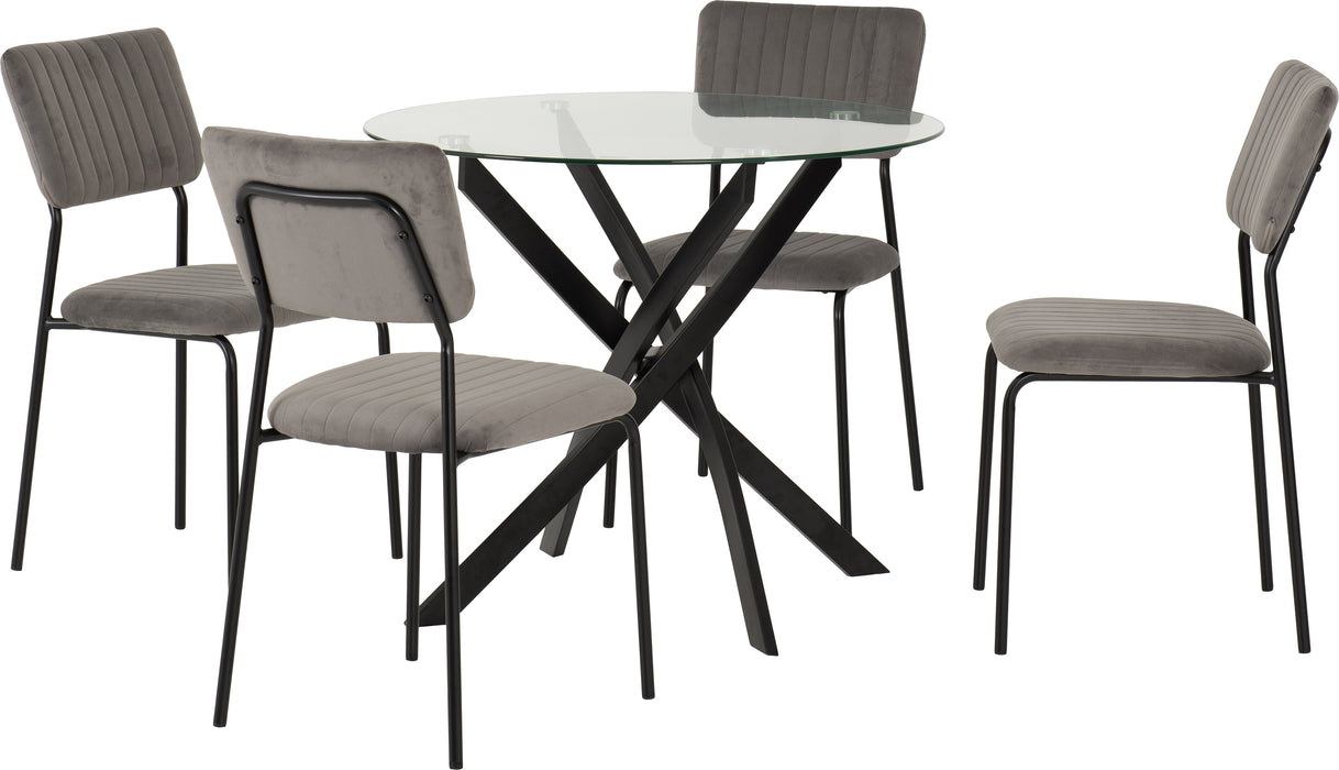 Sheldon Round Glass Top Dining Set Clear Glass/Black/Grey Velvet Fabric