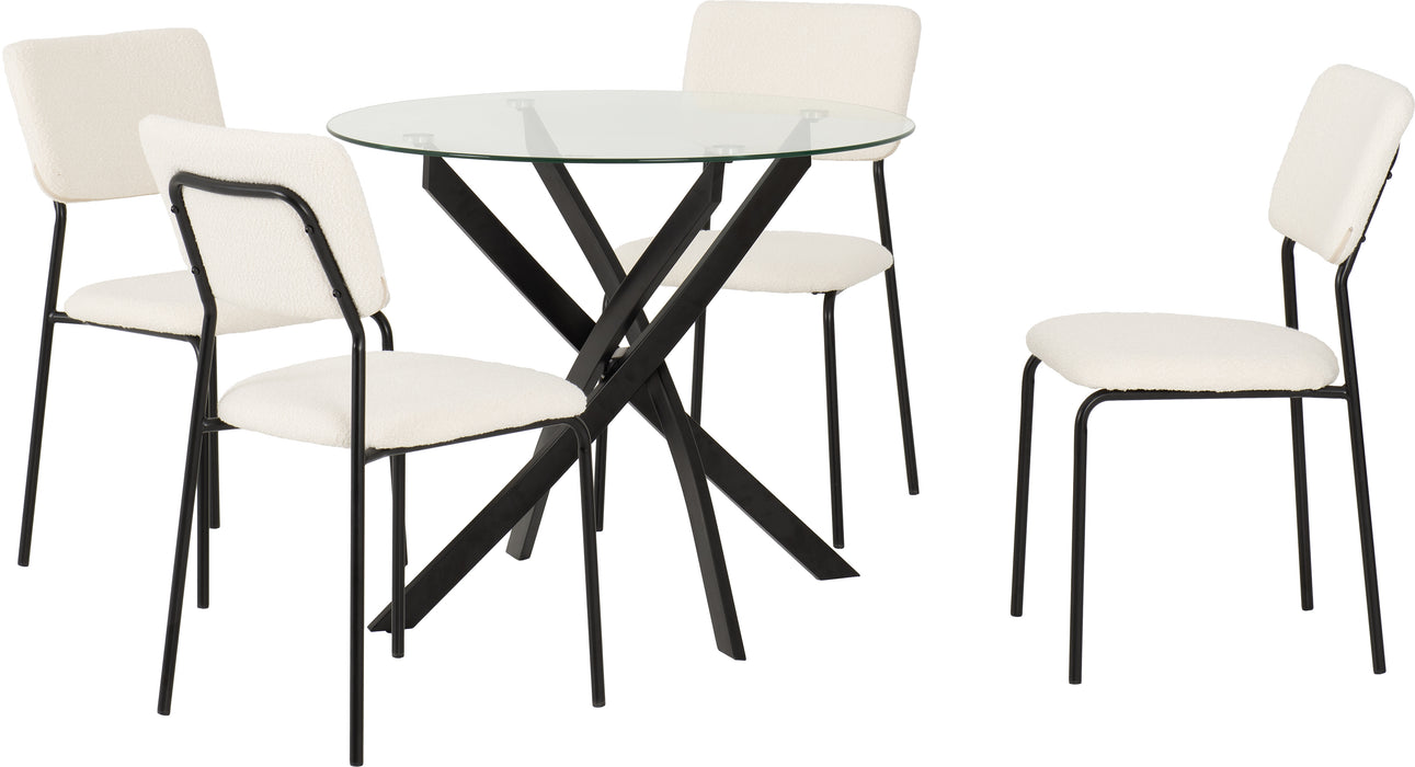 Sheldon Round Glass Top Dining Set Clear Glass/Black/Ivory Boucle Fabric