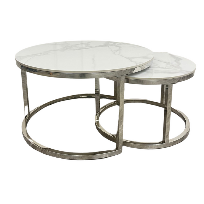 Cato Nest Of 2 Short Round Coffee Silver Tables With Polar White Sintered Stone Tops