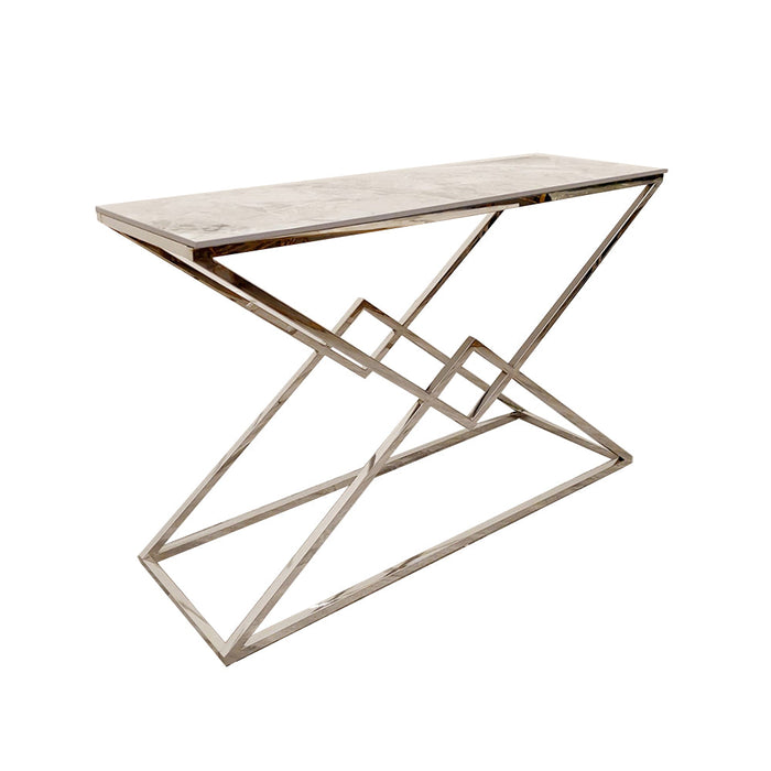 Vesta Chrome Console Table With Stomach Ash Sintered Stone Top