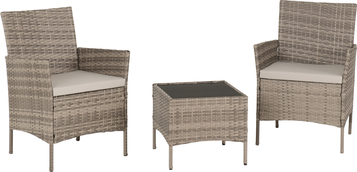 Willow 3 Piece Garden Set Grey Rattan/Grey Fabric/Black Glass