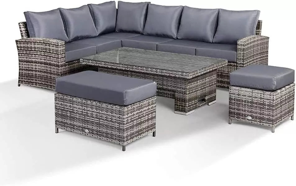 Rattan Garden Furniture Patio Set 10Seat (Cornor Sofa, Bench & Table) - Grey