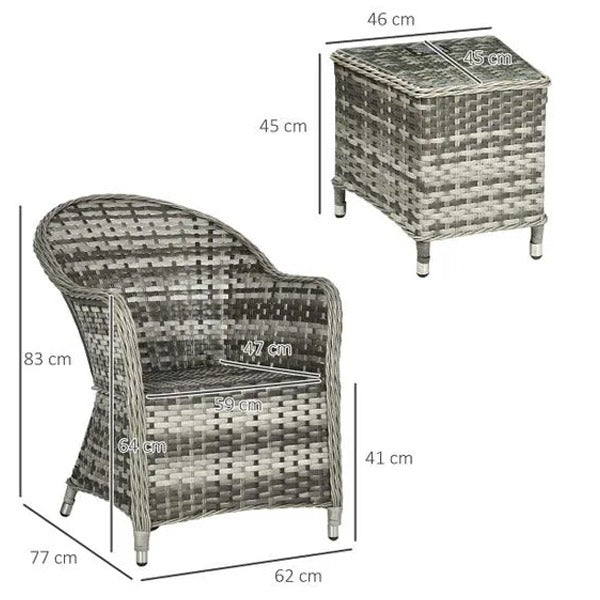 3 Piece Rattan Bistro Set with Soft Cushions and Glass Top Table in Grey