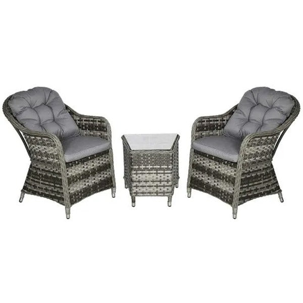 3 Piece Rattan Bistro Set with Soft Cushions and Glass Top Table in Grey