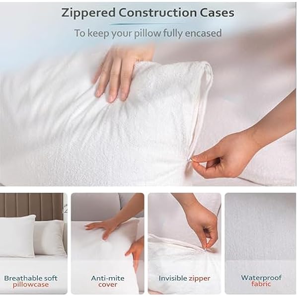 Terry Towel 100% Waterproof Pillow Protectors 2 Pack Zipper Closure Breathable Soft Waterproof Pillowcases Microfiber Pillow Cover Protector