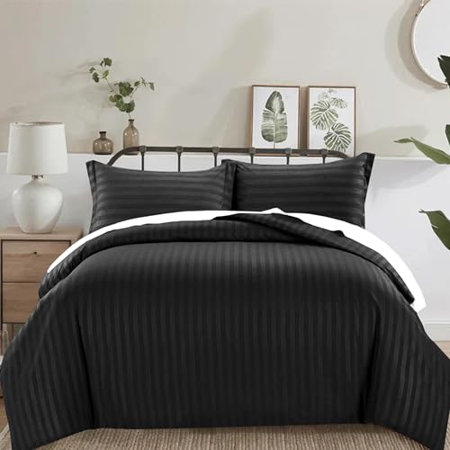 4 Piece Duvet Cover Set Stripes Satin Quilt Cover Bedding Set with Pillowcase and Extra Fitted Sheet Included Machine Wash Hotel Quality
