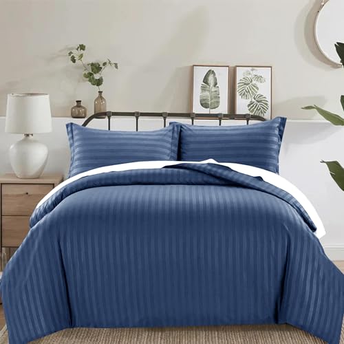 4 Piece Duvet Cover Set Stripes Satin Quilt Cover Bedding Set with Pillowcase and Extra Fitted Sheet Included Machine Wash Hotel Quality