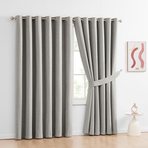 Blackout Curtains for Bedroom Soft Thermal Insulated Heavy Curtains Eyelet Ring Top Readymade Blackout Living Room Curtains Pair Panels with Tiebacks