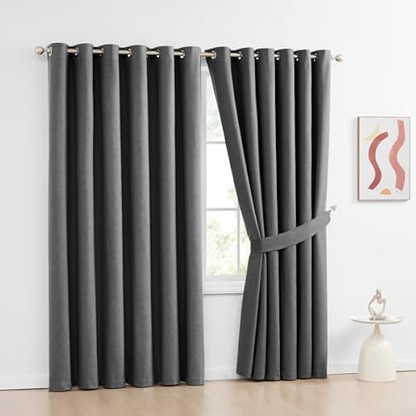 Blackout Curtains for Bedroom Soft Thermal Insulated Heavy Curtains Eyelet Ring Top Readymade Blackout Living Room Curtains Pair Panels with Tiebacks