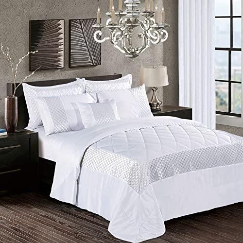 Luxury 3 Pcs Quilted Bedspread Bedding Set Comforter Bed Throw with Matching Pillow Shams Satin Sequence Design Easy Care