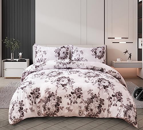 Floral Grey Duvet Cover Set 3 Pcs Polyester-Cotton Quilt Cover Bedding Set With Pillow Cases Easy Care Machine Washable Anti Allergic