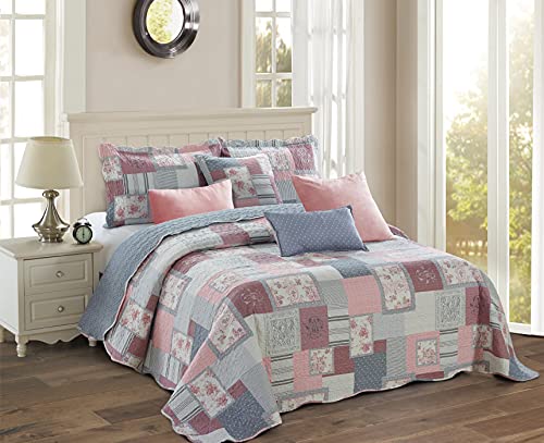 Luxury Quilted Patchwork Bedspread Bed Throw 3 Piece Bedding Set Includes Comforter & 2 Pillow Shams Floral Design Coverlet Embroidered