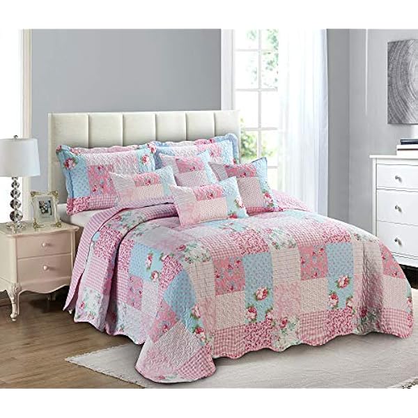 Quilted Patchwork Bedspread Bed Throw 3 Piece Bedding Set Includes Comforter 2 Pillow Shams