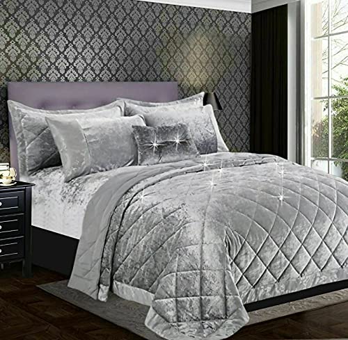 Crushed Velvet Quilted Bedspread Comforter Set 3 Piece Super Soft Bed Throw Diamond with 2 Pillow Cases