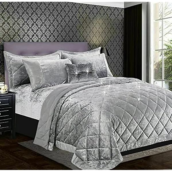Crushed Velvet Quilted Bedspread Comforter Set 3 Piece Super Soft Bed Throw Diamond with 2 Pillow Cases