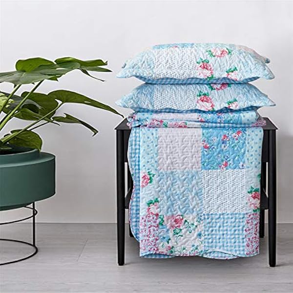 Quilted Patchwork Bedspread Bed Throw 3 Piece Bedding Set Includes Comforter 2 Pillow Shams