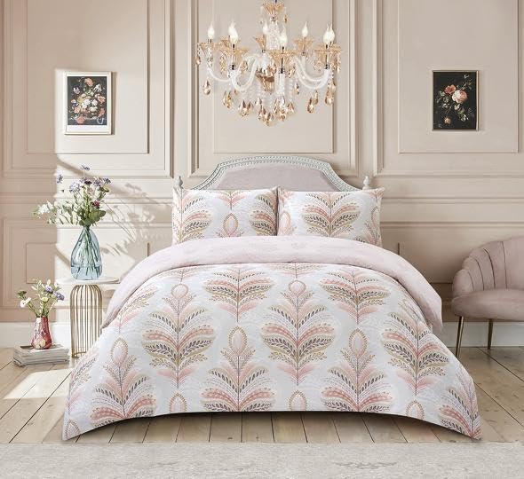 Floral Grey Duvet Cover Set 3 Pcs Polyester-Cotton Quilt Cover Bedding Set With Pillow Cases Easy Care Machine Washable Anti Allergic