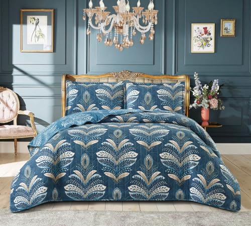 Luxury 3 Piece Quilted Printed Bedspread Set Throw Bedding Set Includes Soft Bed Throw Comforter with 2 Pillow Shams Embroidered Machine Wash