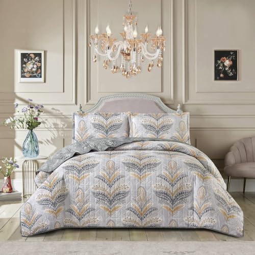 Luxury 3 Piece Quilted Printed Bedspread Set Throw Bedding Set Includes Soft Bed Throw Comforter with 2 Pillow Shams Embroidered Machine Wash