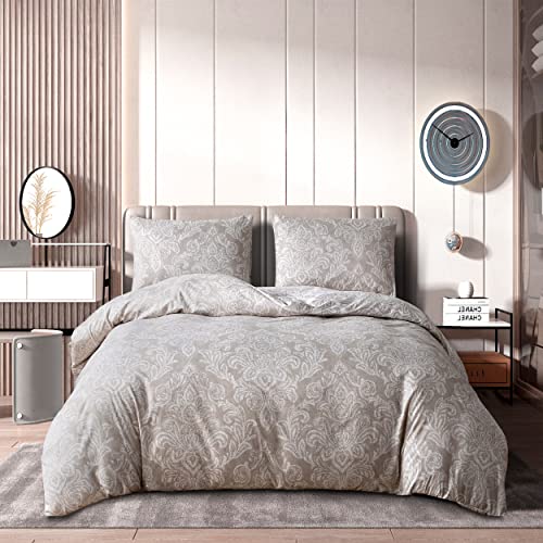 Floral Grey Duvet Cover Set 3 Pcs Polyester-Cotton Quilt Cover Bedding Set With Pillow Cases Easy Care Machine Washable Anti Allergic