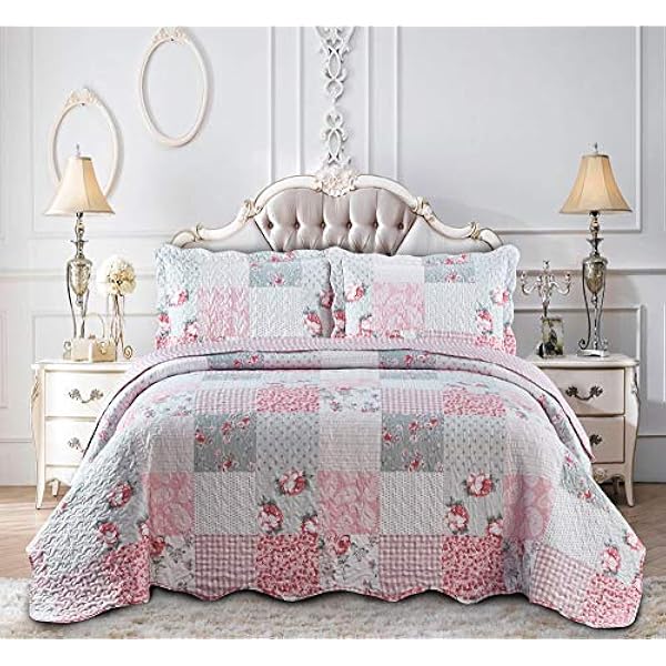 Quilted Patchwork Bedspread Bed Throw 3 Piece Bedding Set Includes Comforter 2 Pillow Cases