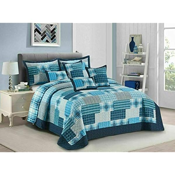 Quilted Patchwork Bedspread Bed Throw 3 Piece Embossed Coverlet with 2 Pillow Shams