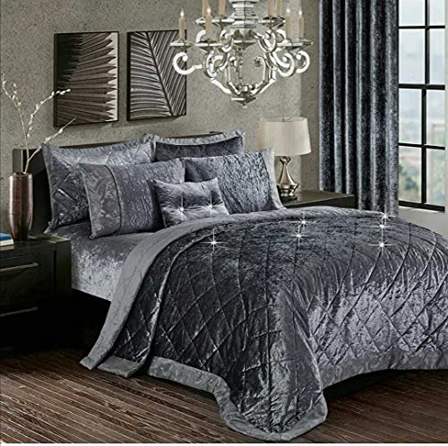 Crushed Velvet Quilted Bedspread Comforter Set 3 Piece Super Soft Bed Throw Diamond with 2 Pillow Cases