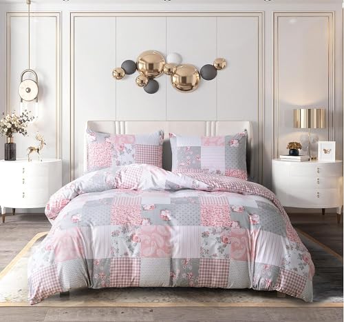 Floral Grey Duvet Cover Set 3 Pcs Polyester-Cotton Quilt Cover Bedding Set With Pillow Cases Easy Care Machine Washable Anti Allergic