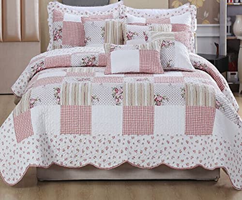 Luxury Quilted Patchwork Bedspread Bed Throw 3 Piece Bedding Set Includes Comforter & 2 Pillow Shams Floral Design Coverlet Embroidered