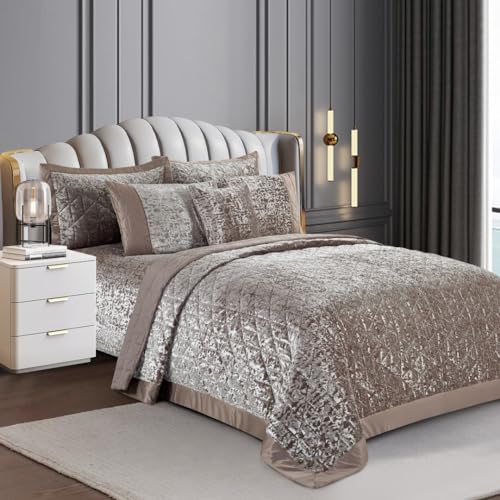 Luxury 3 Piece Quilted Plush Velvet Bedspread Bedding Set Ultra Soft Crushed Velvet Bedspread Comforter Bed Throw with 2 Pillow Cases
