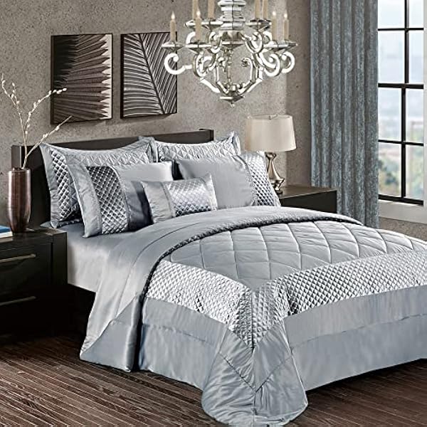 Luxury 3 Pcs Quilted Bedspread Bedding Set Comforter Bed Throw with Matching Pillow Shams Satin Sequence Design Easy Care